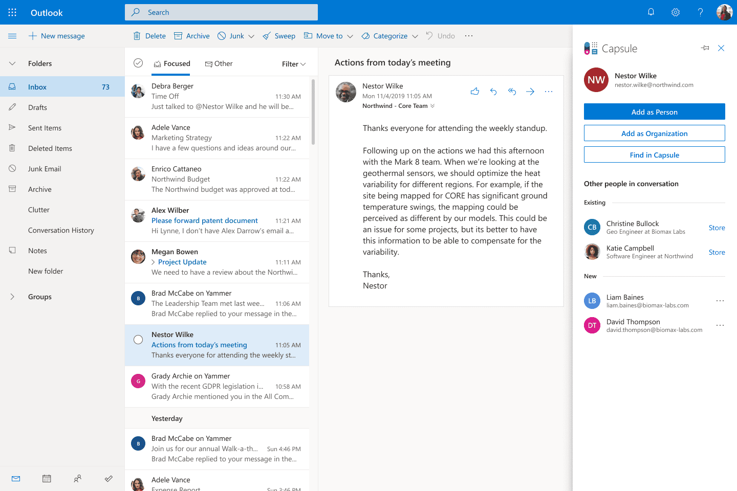 Capsule sidebar in Outlook with 'add as person or organization' or 'find in Capsule' options