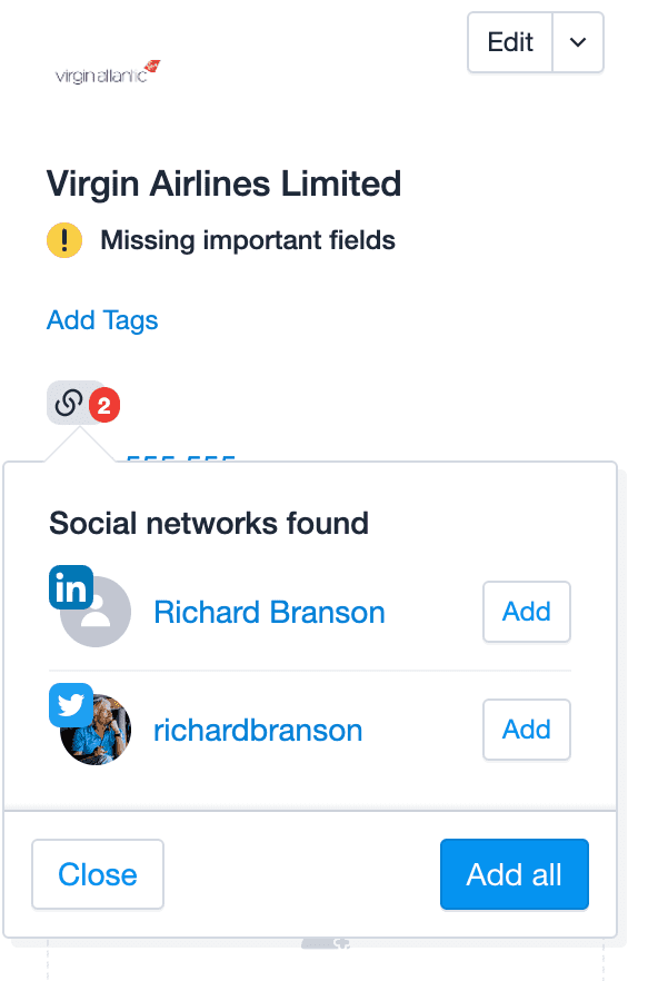 multiple social profiles listed with the option to add each individually or to add all