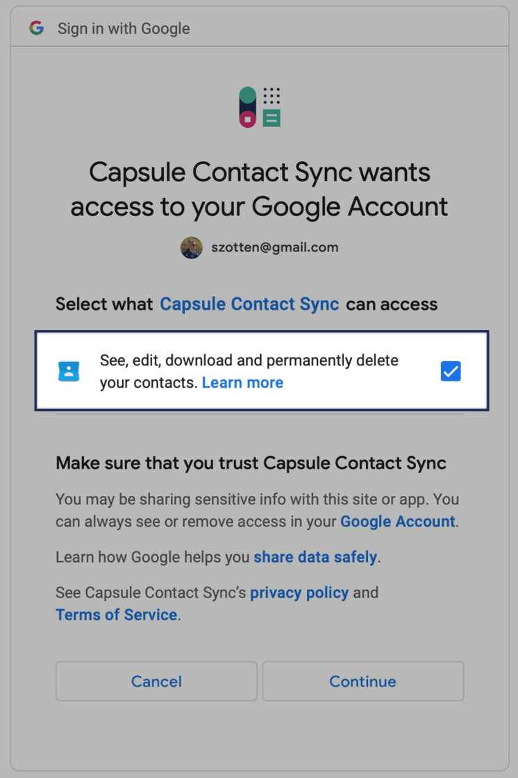 Cuadro de diálogo de permisos de Google solicitando permisos antes de conceder acceso a los contactos de Google