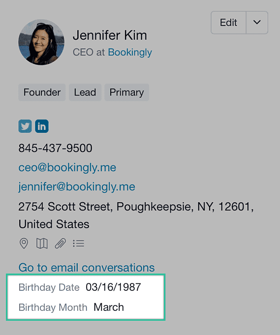 A contact's details with birthday date and birthday month written at the bottom