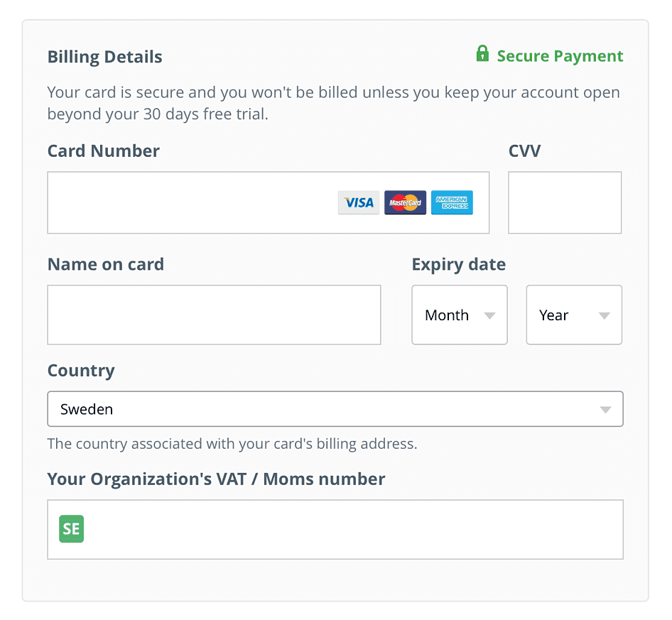 add card details & VAT number