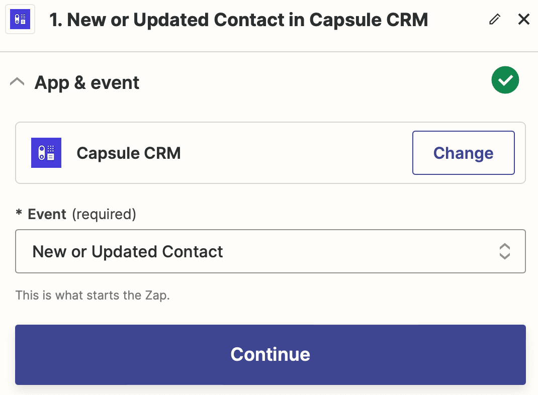 Screenshot showing the New Capsule Contact trigger in Zapier