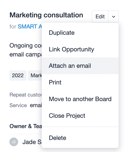 Drop down menu is displayed on a Project with the option to attach an email