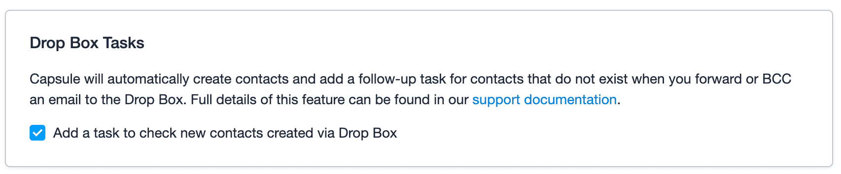Sección “Tareas del buzón Dropbox” de la página “Mis preferencias” con la casilla de verificación seleccionada para que se asignen tareas a los usuarios cuando se creen contactos mediante el buzón.