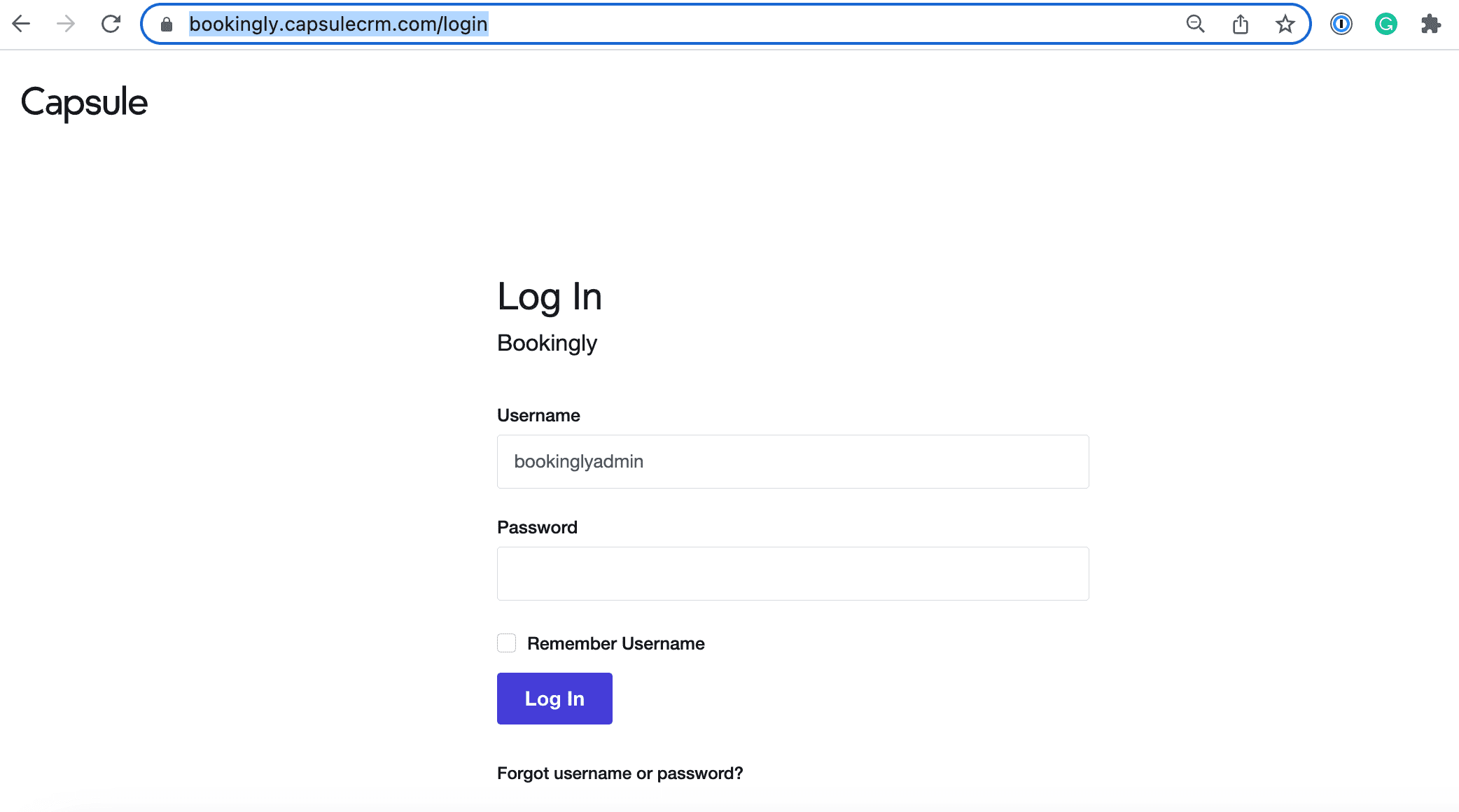 bookingly login page with username filled in