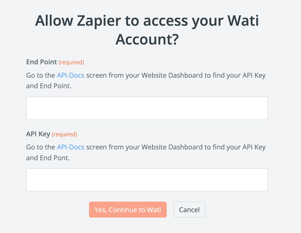 Screenshot showing the Zapier prompt to enter an API key for Wati so you can authenticate the integration