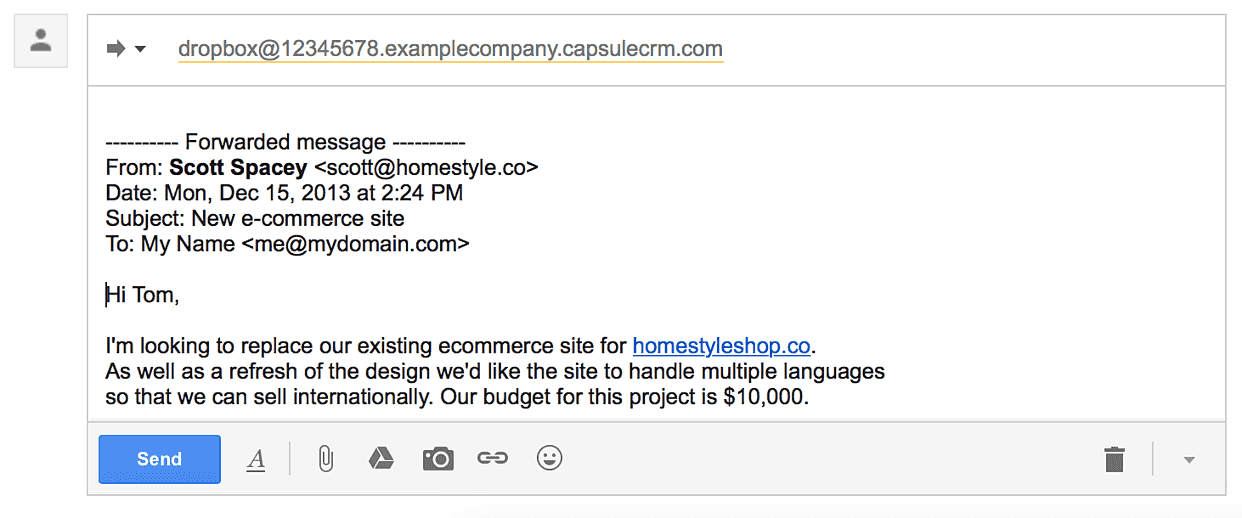 Um e-mail encaminhado para o Dropbox