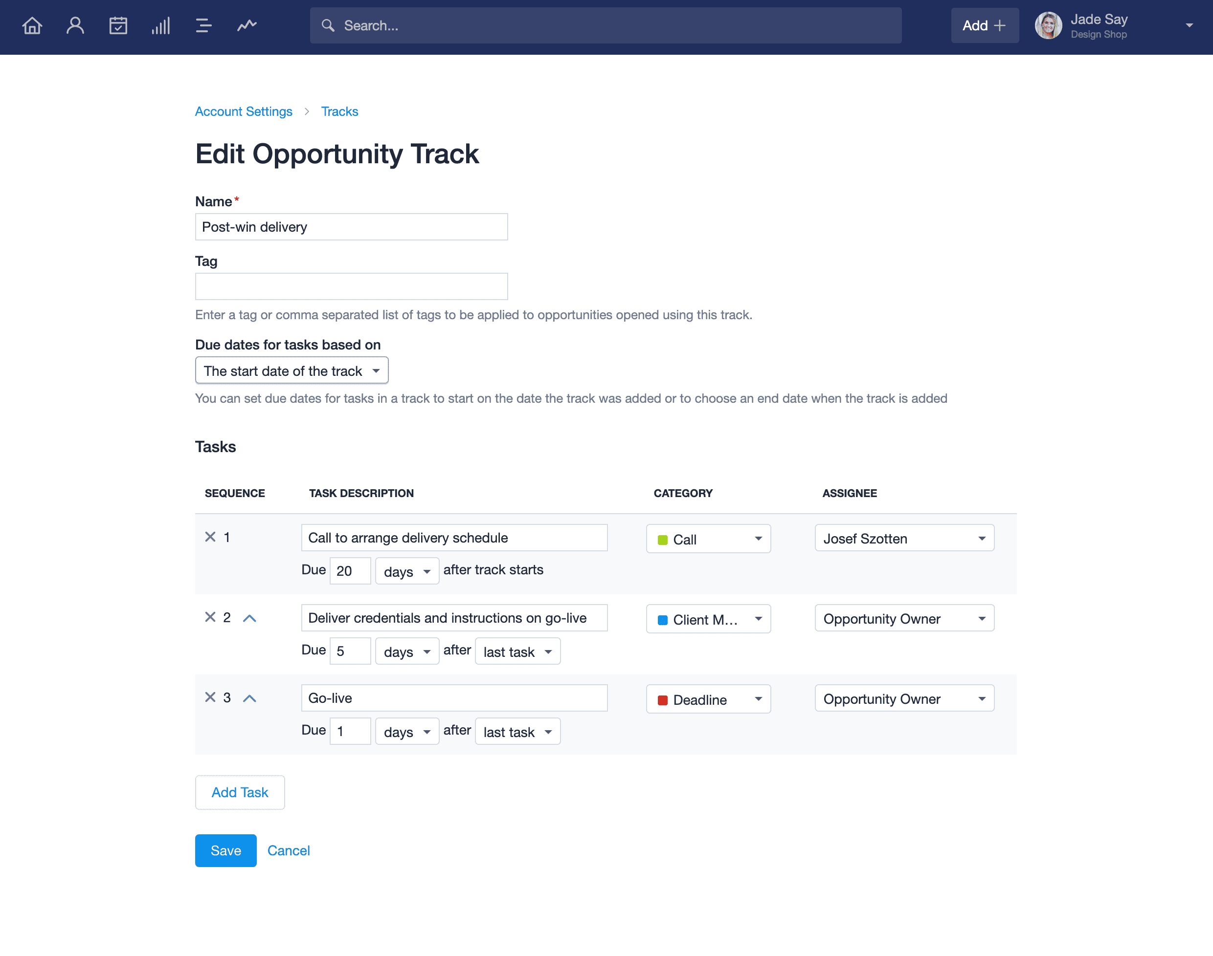 Options to edit opportunity track