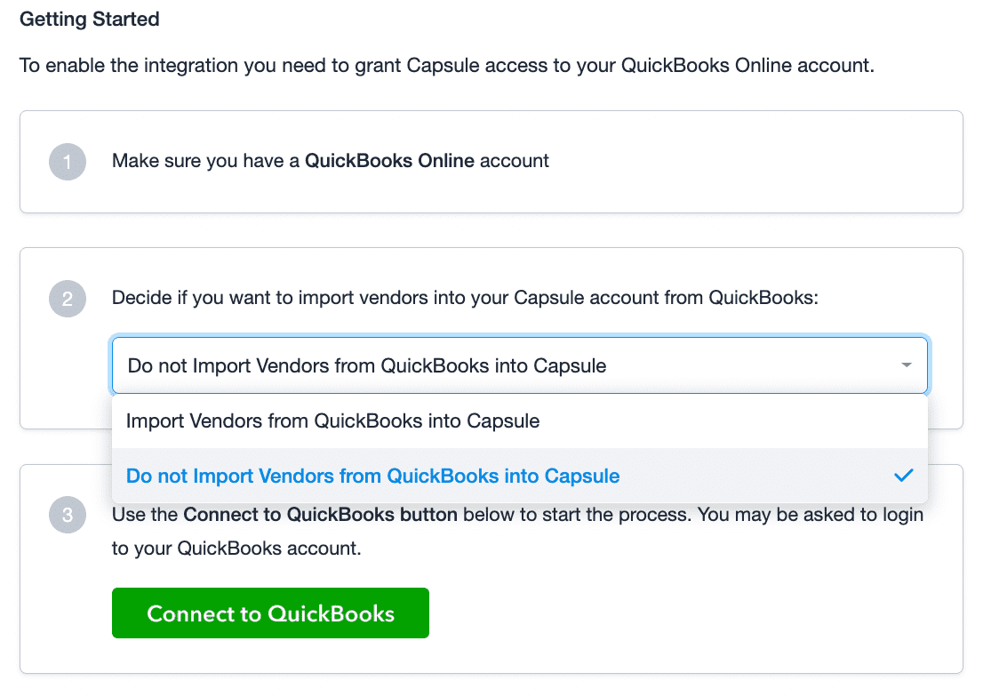 Configuração do QuickBooks com a opção de não importar fornecedores marcada