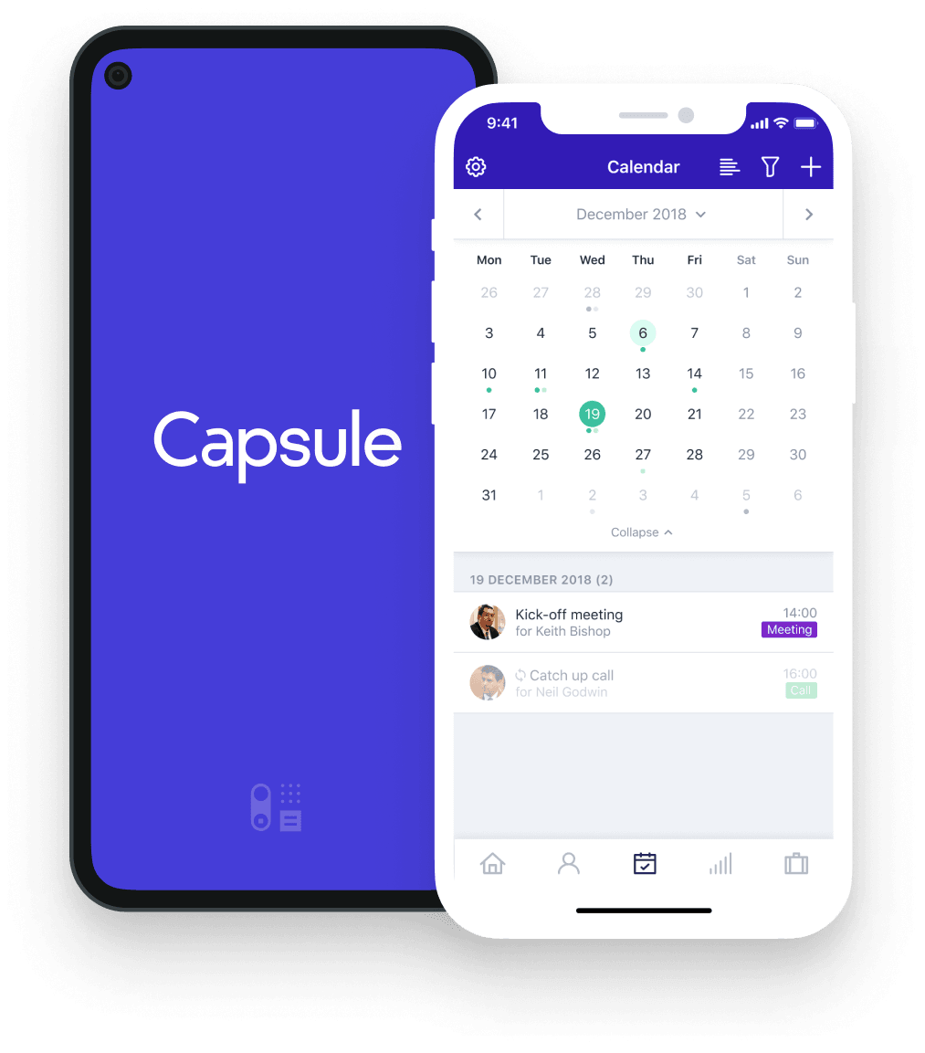 O aplicativo do Capsule com exibição de calendário em um dispositivo móvel