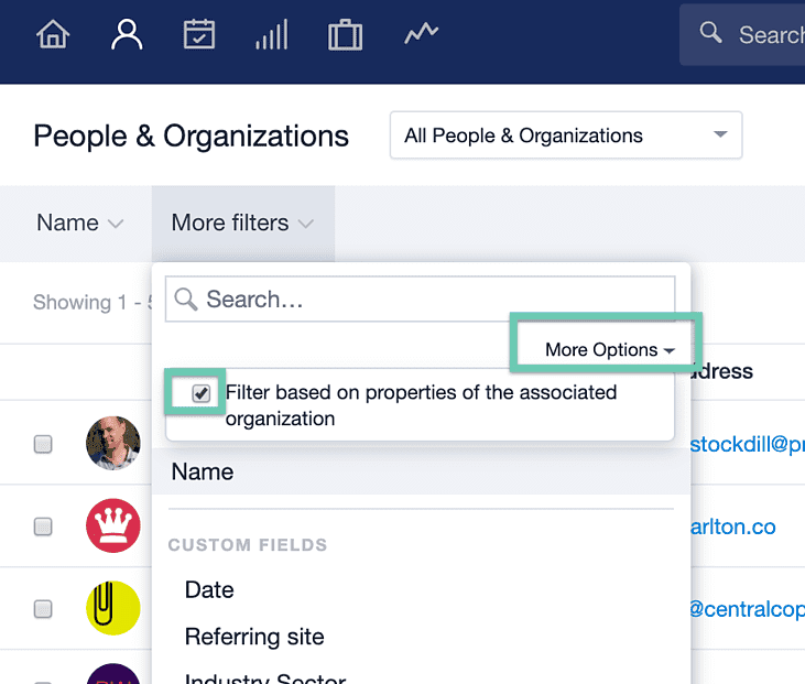 More Options drop down with Filter based on properties of the linked Organization checkbox