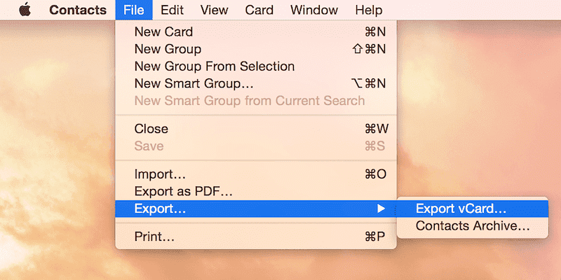 File menu with export drop down and 'export vCard' selected