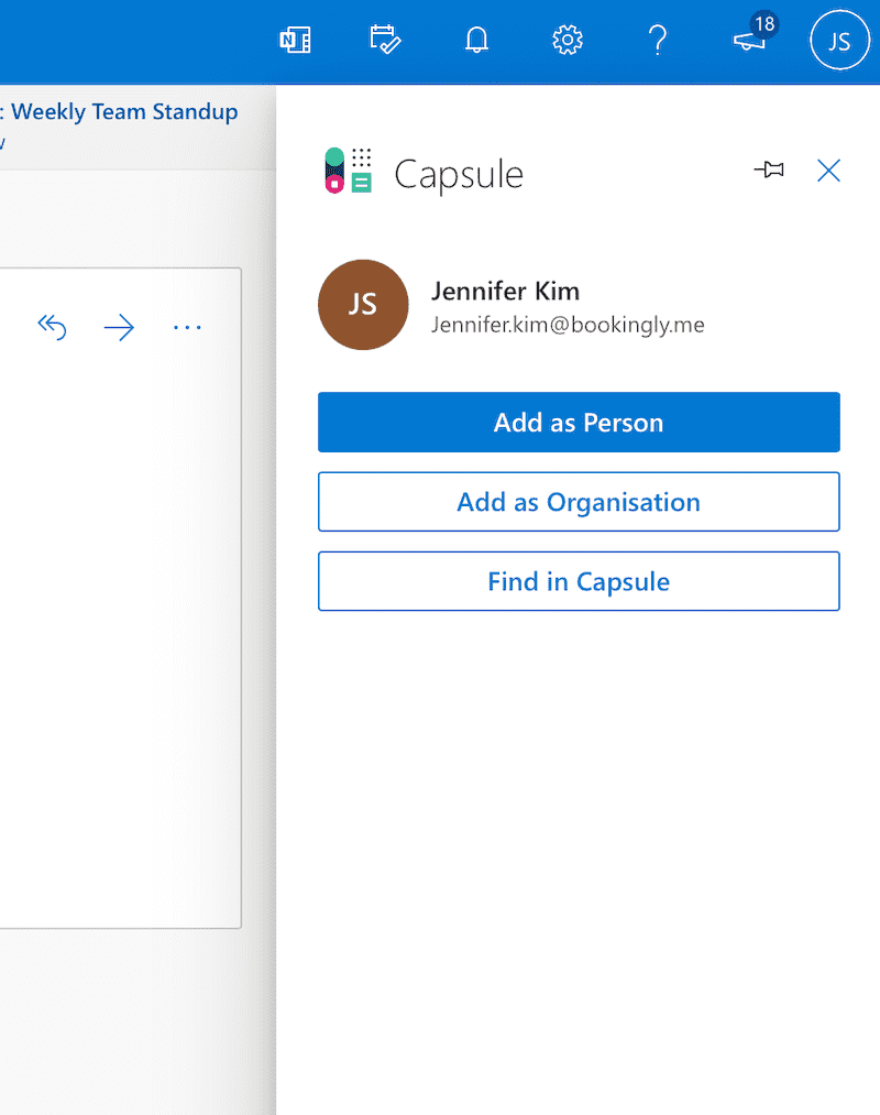 Complemento do Capsule para Outlook mostrando as opções para quando um e-mail é de um novo contato