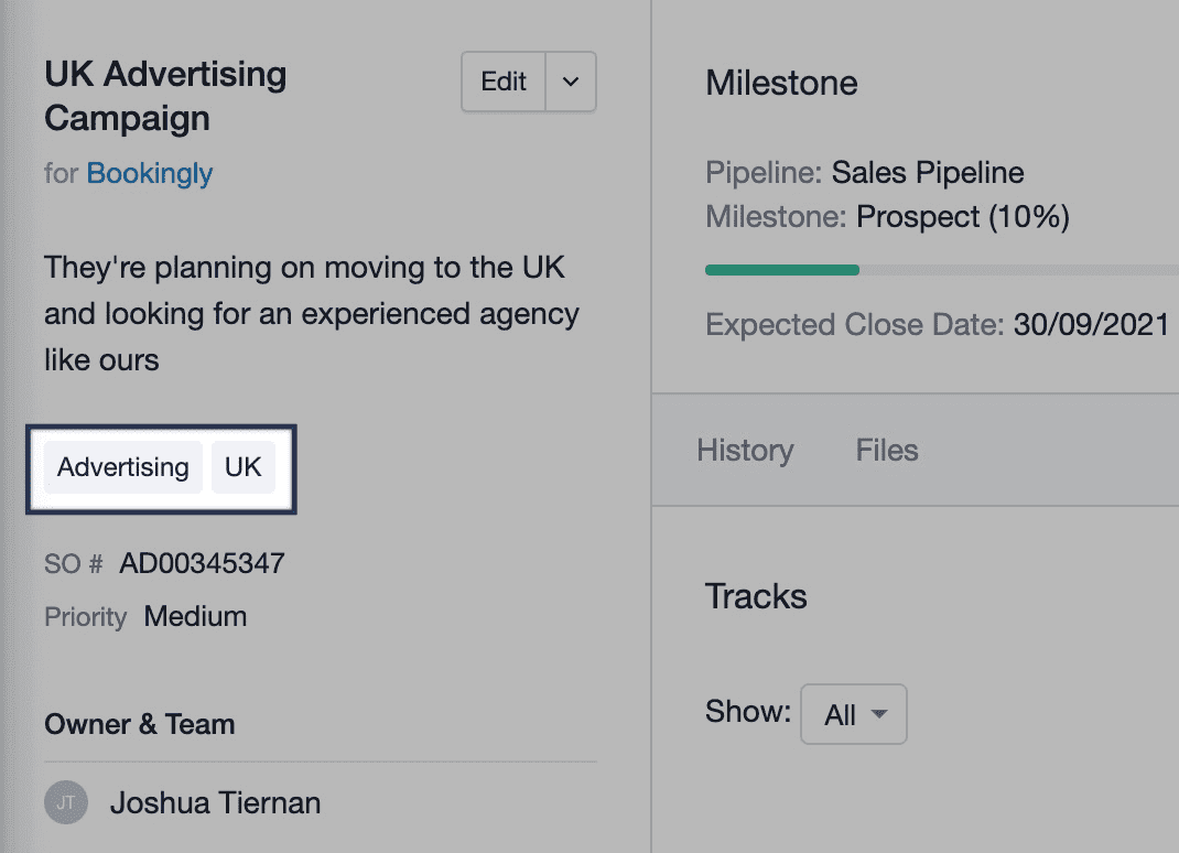 'Publicidade' e 'Reino Unido' definidos como etiquetas na oportunidade