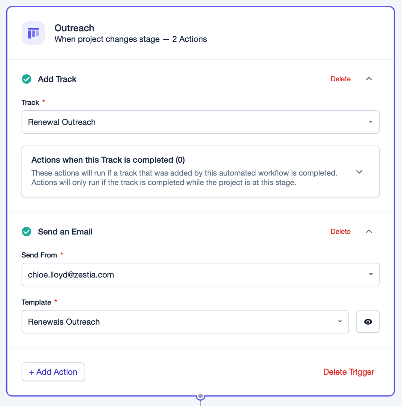 Workflow Automation adding a track and sending an email