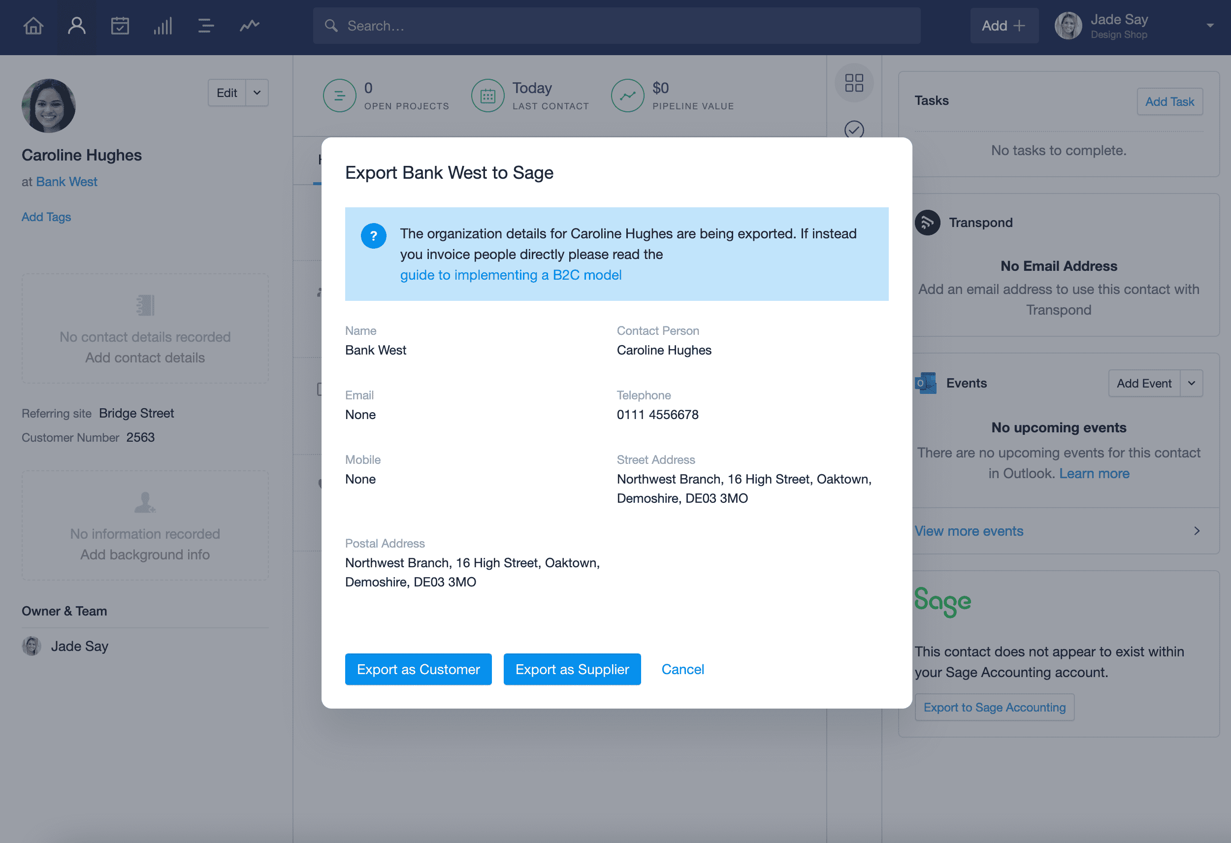 a modal with company details and button to export them to Sage