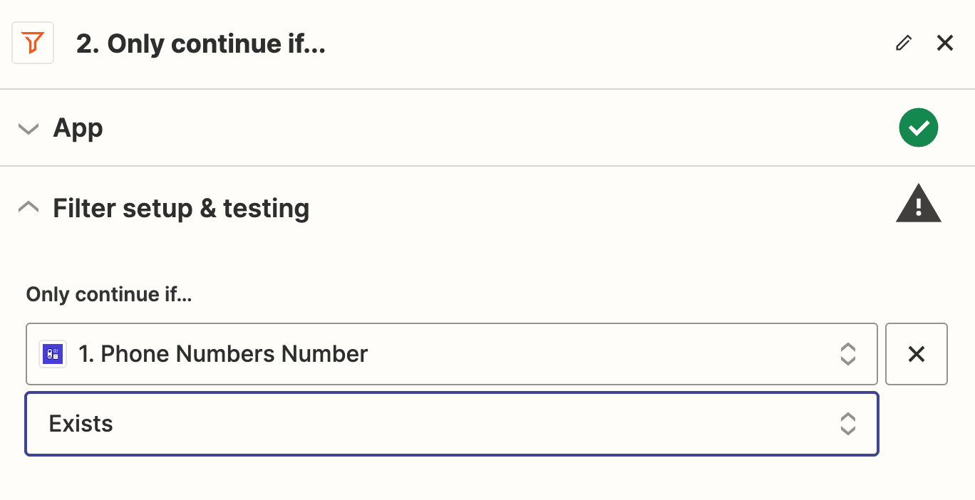 Screenshot showing the Zapier filter option, filtering for only contacts with a phone number