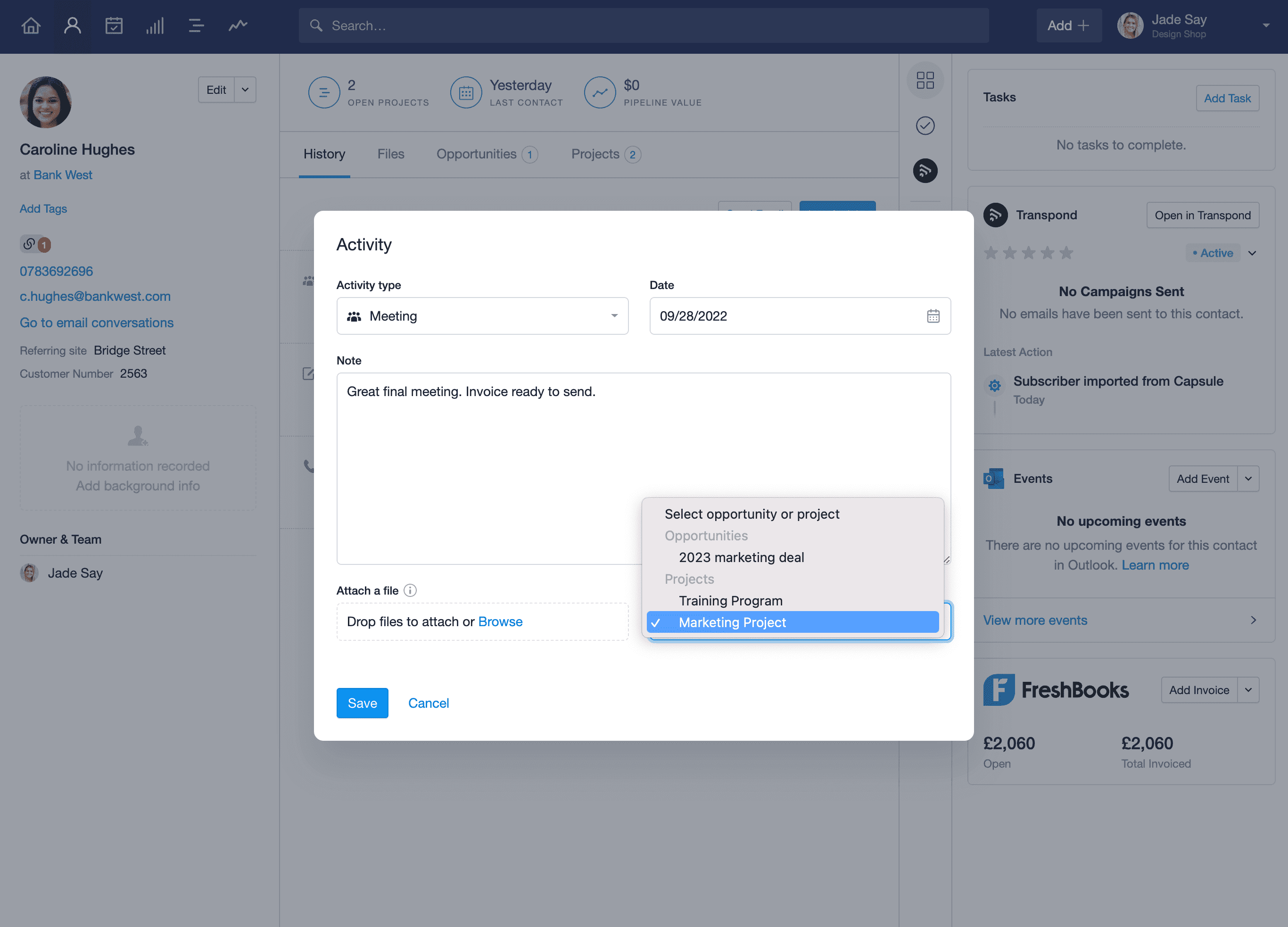 Log activity modal open with a drop down menu displaying the option to link a note to that contact's existing Opportunities and Projects