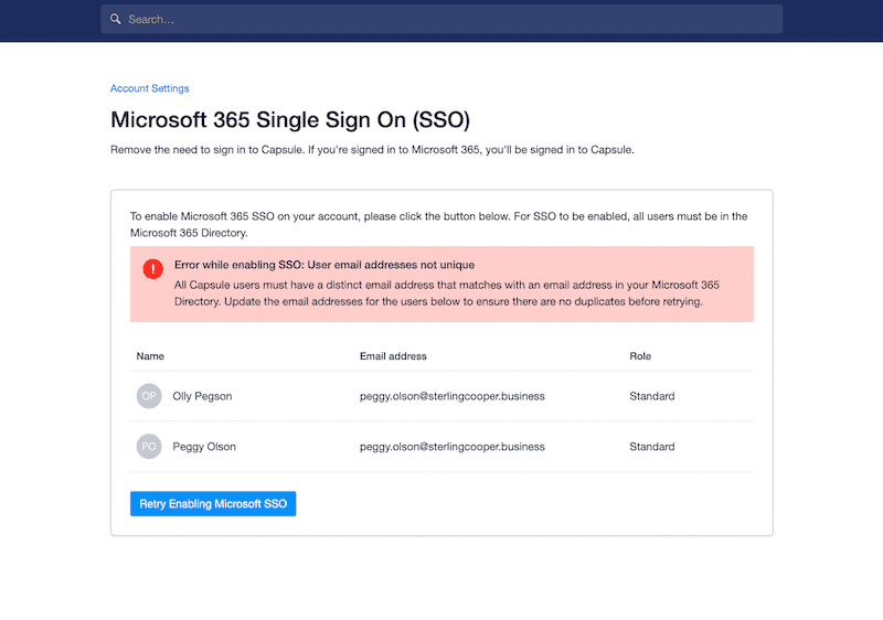 Tabla con mensaje de error que muestra a dos usuarios de Microsoft 365 que tienen la misma dirección de correo electrónico.