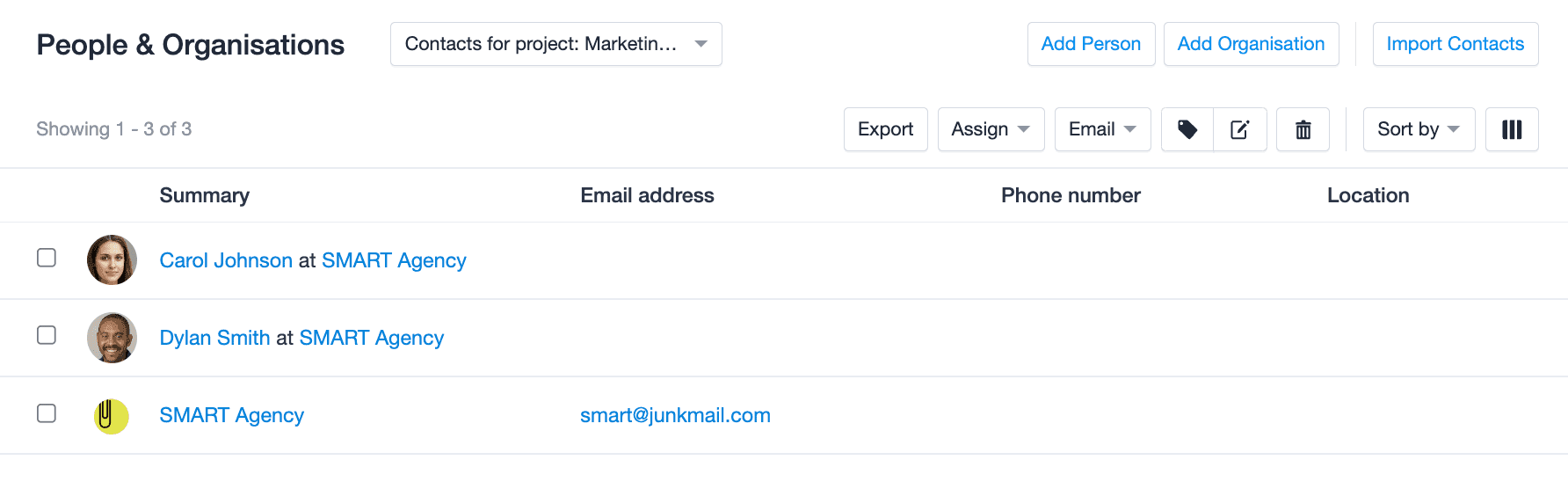 The contacts linked to a Project have been opened in a list view that can be filtered