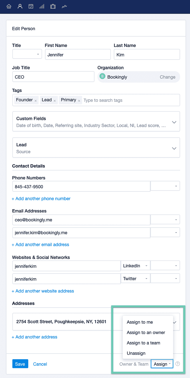 Assign to menu in contact creation form