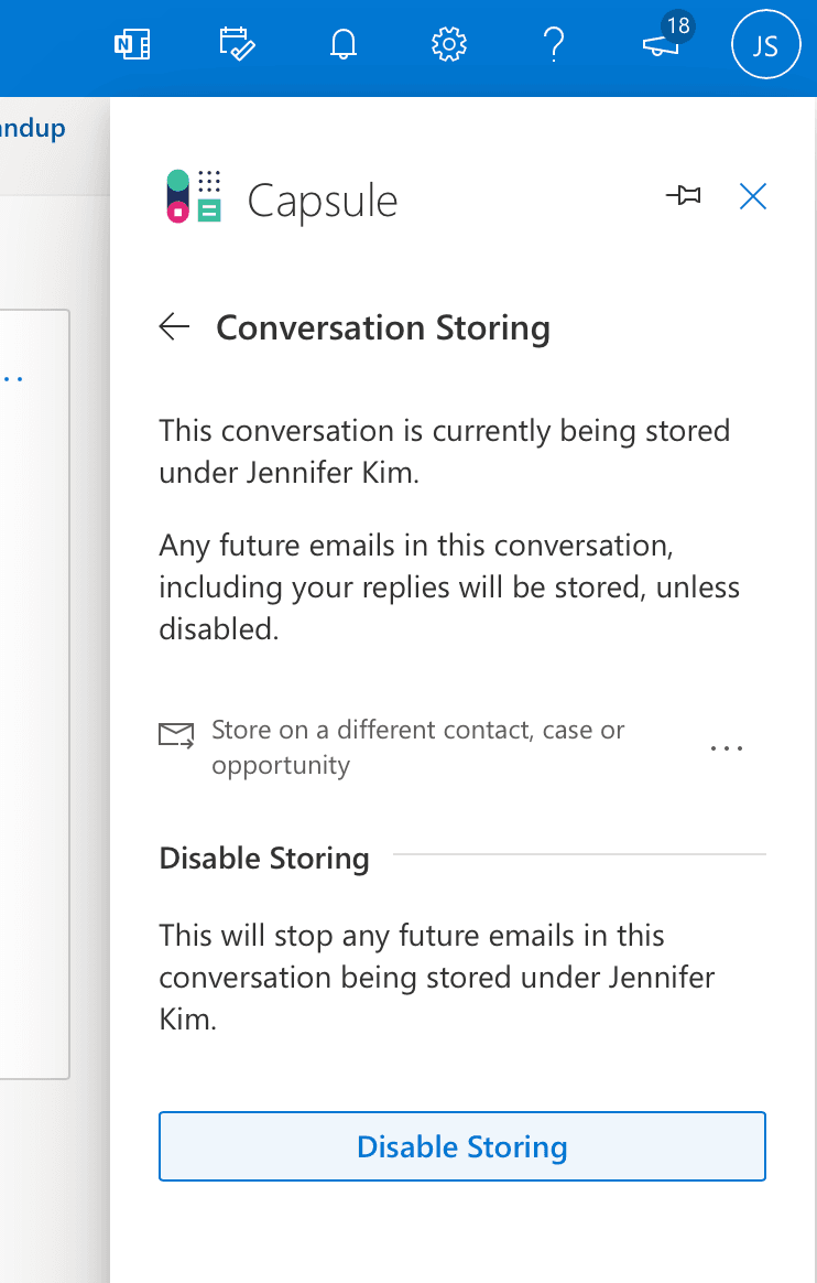 Capsule Add-in for Outlook showing option to disable storing of an email
