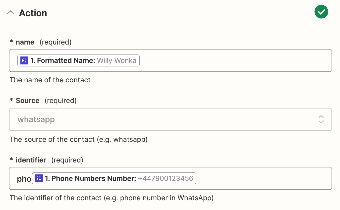 Screenshot showing the fields you needs to map for the New Contact in Callbell action, with suggested options from the Capsule trigger