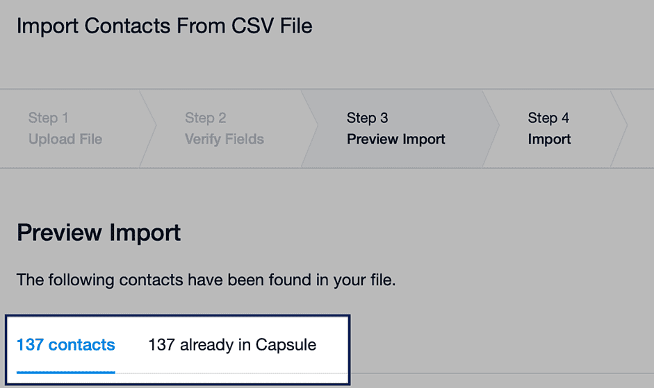 Notification d’importation affichant le nombre total de contacts dans Capsule par rapport au nombre concerné par l’importation