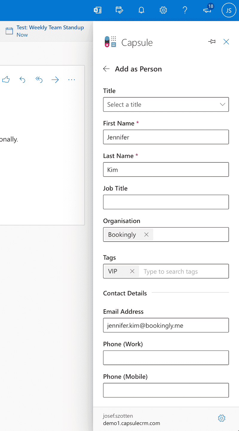 Capsule Add-in for Outlook showing the fields available to populate when creating a new person