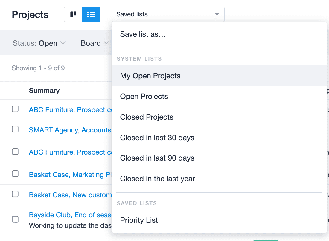The Projects list view is displayed. The drop down menu at the top of the page has been selected and there is a list if the default saved list options