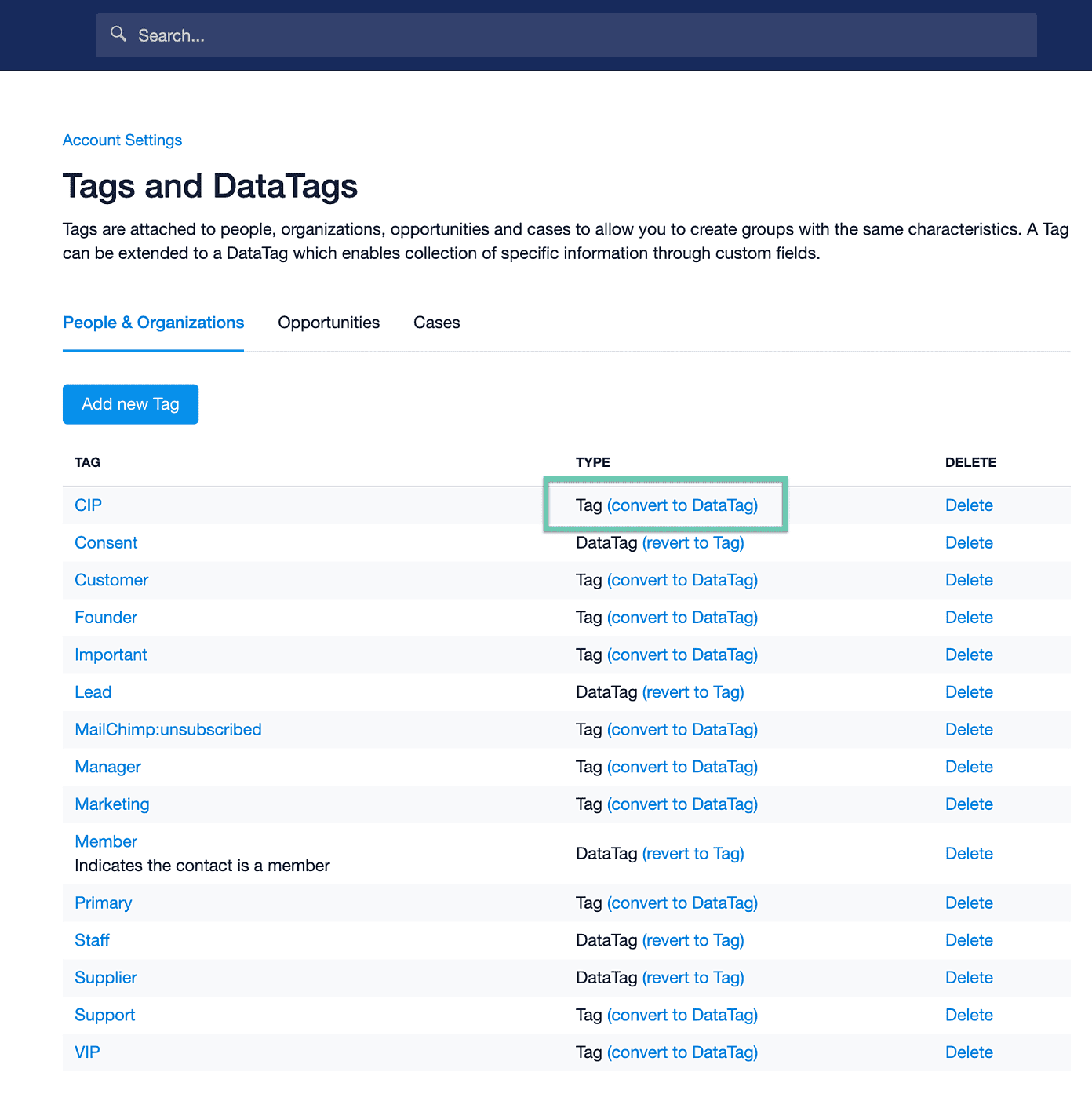 A list of tags with option to convert to DataTag