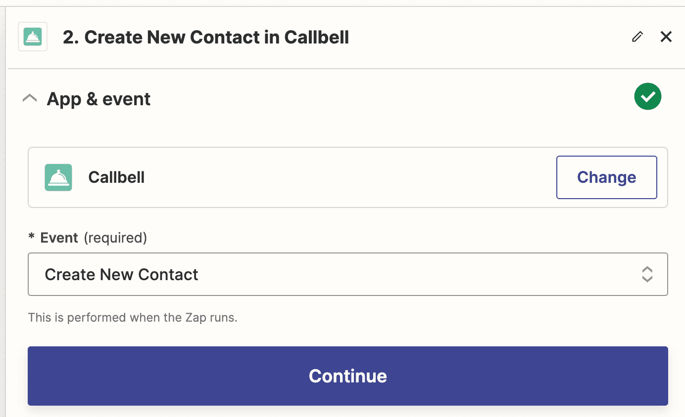 Screenshot showing the CallBell New Contact Action being selected