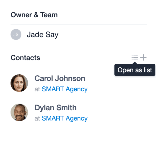 The option to open contacts linked to a Project in a list is displayed. This option is found on the left hand side of a Project record