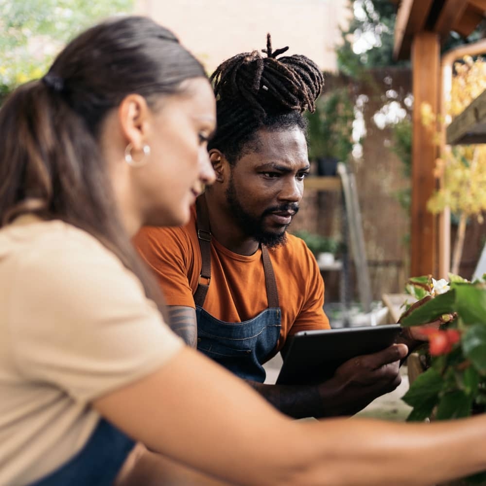 Two workers from a plant shop looking at plants, one person has a tablet in hand