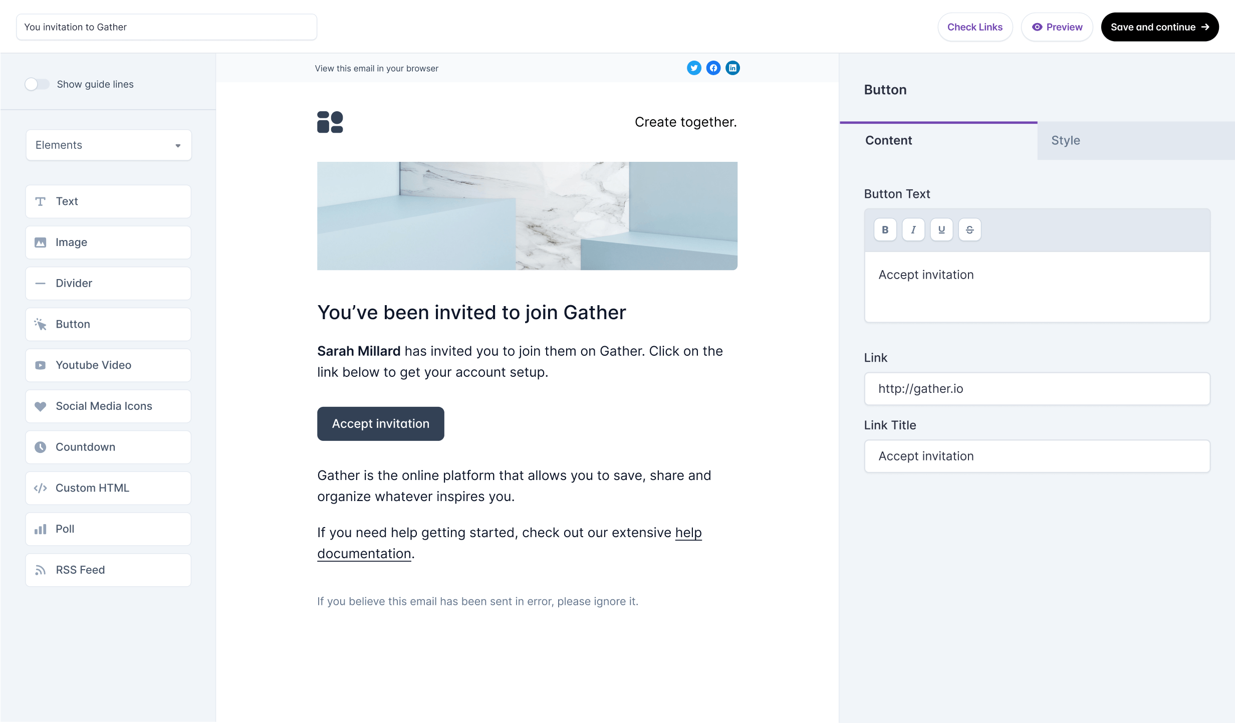 Product screenshot showing the drag and drop email campaign builder