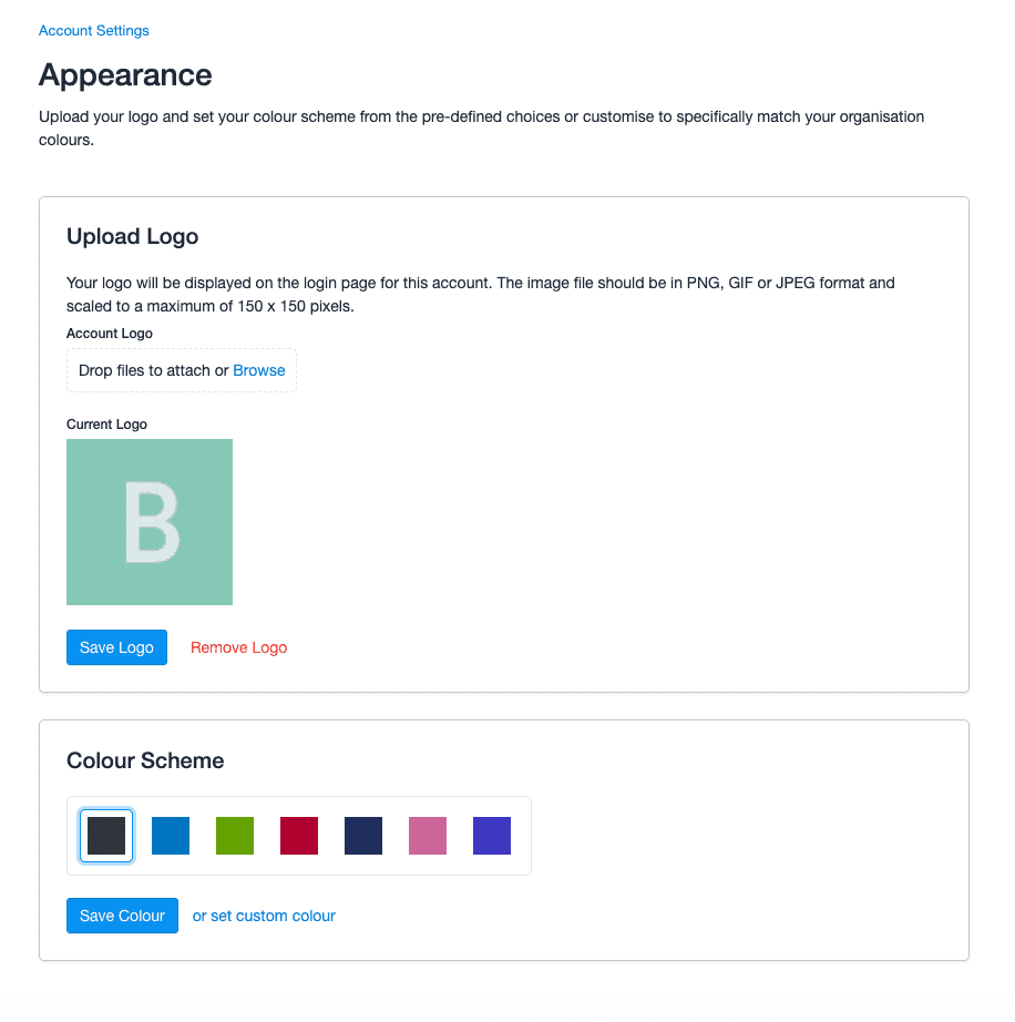 Full account appearance page with bookingly logo uploaded