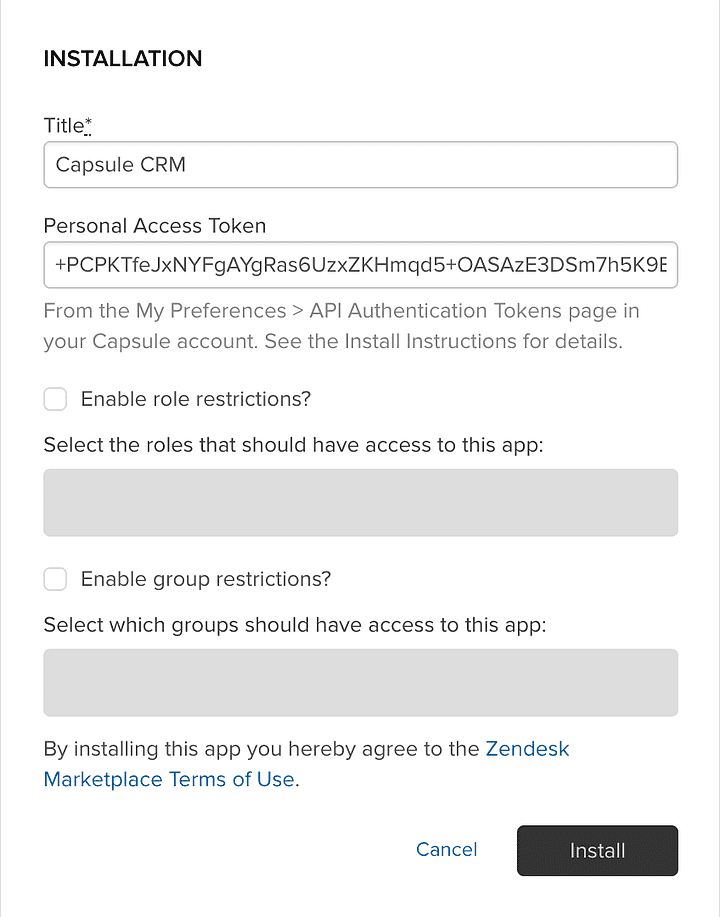 Formulario de instalación con campo de texto para agregar el token de acceso personal y un botón para instalar