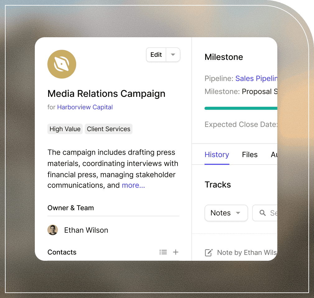Captura de tela do trabalho de consultoria gerenciado usando o recurso Projetos no Capsule CRM