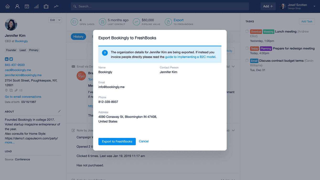 The Capsule FreshBooks integration confirming export of a contact to FreshBooks