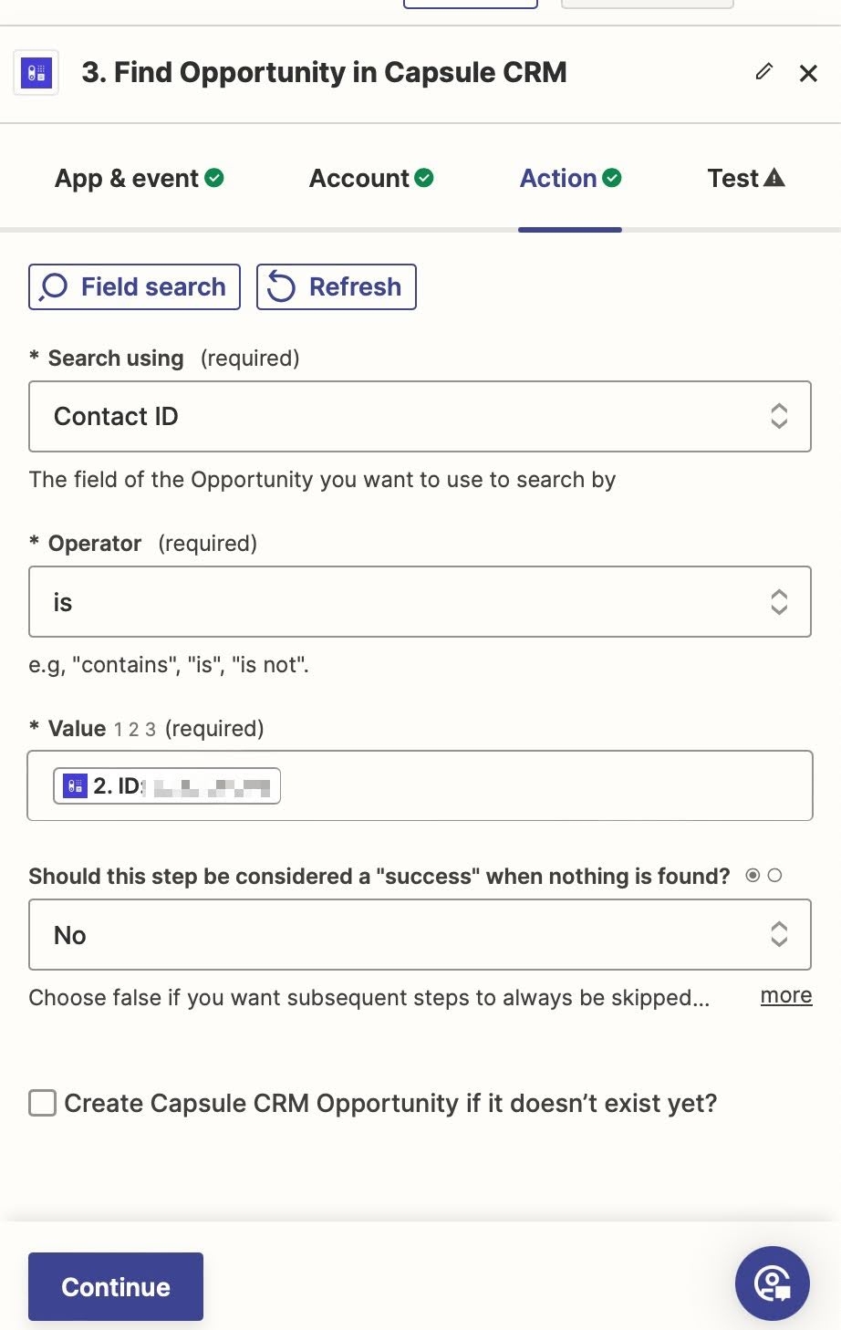 showing the find opportunity fields populated