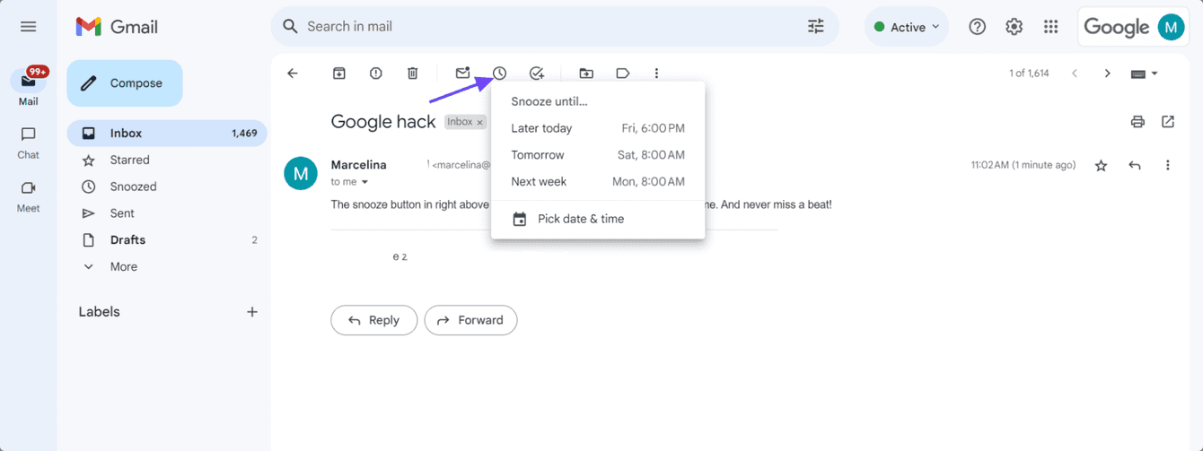Arrow pointing at the snooze icon in Gmail