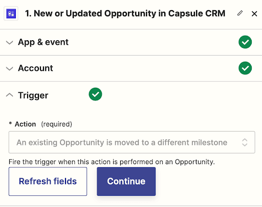 Screenshot to show the trigger in the Capsule to Slack zap