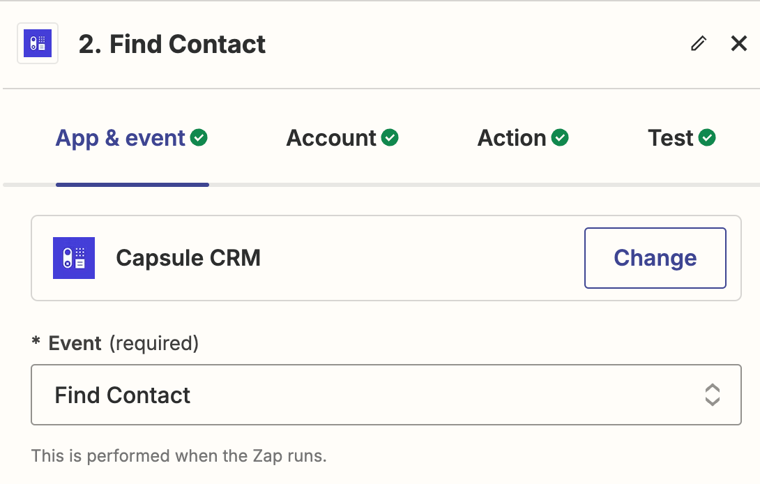 showing find contact event in zapier