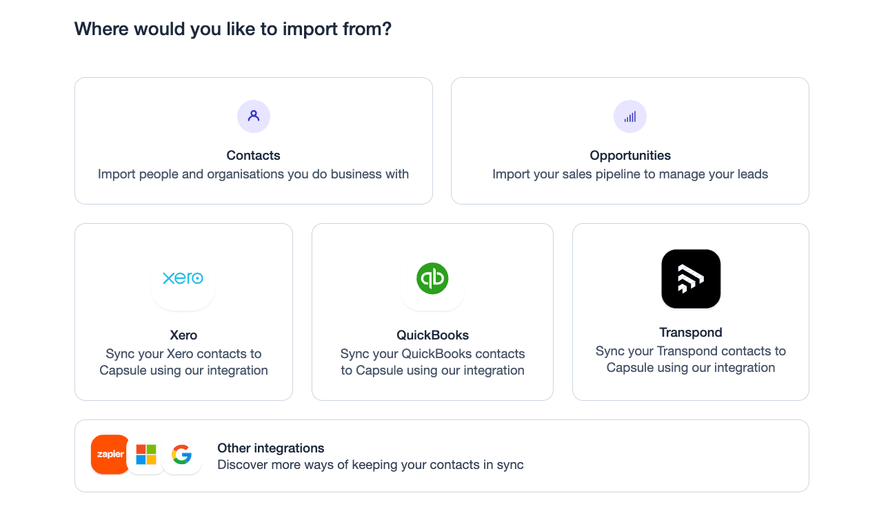 showing the main import hub and the different options to add data