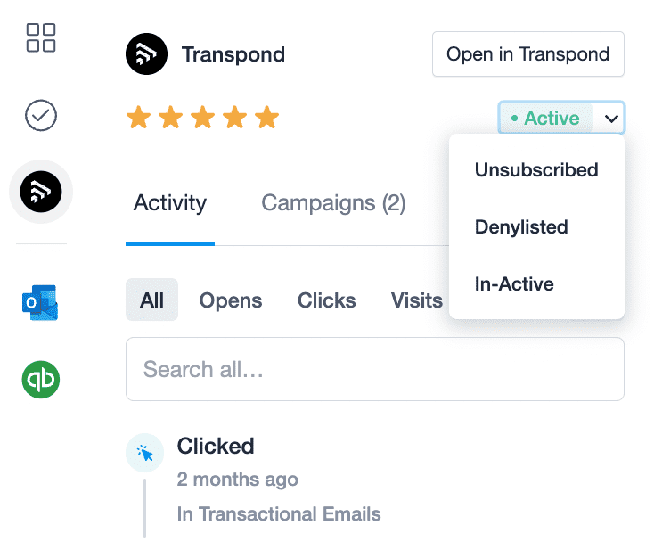 Transpond sidebar in Capsule showing with the option to change status highlighted