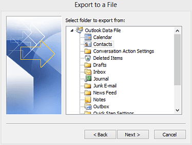 Lista de opciones de exportación con la opción “Contactos” seleccionada