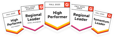 G2 awards - Leader (Small Business), Spring 2024. High Performer (Americas), Spring 2024. High Performer (Spring), 2024. Small Business High Performer (Europe), Spring 2024. Momentum Leader (Spring), 2024.