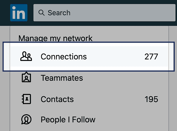 The 'Manage my Network' menu with 'connections' highlighted