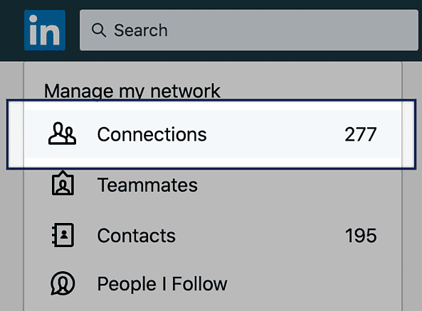 The 'Manage my Network' menu with 'connections' highlighted