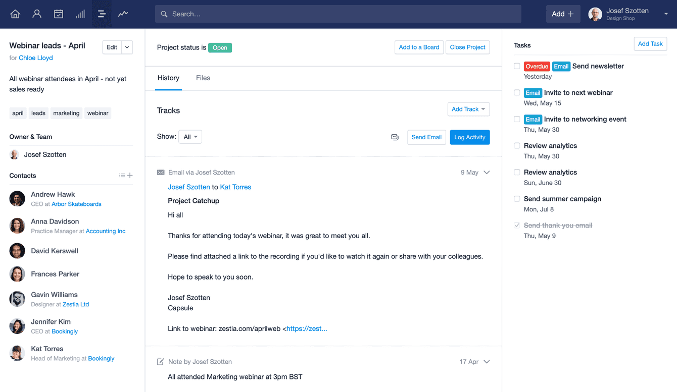 A marketing Project in Capsule - for example listing tasks, grouping
individuals for emails
